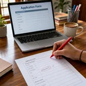 Hand marking a correction in red on a printed application form