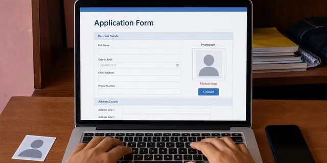 Laptop showing an application form with a file too large error, hands on the keyboard