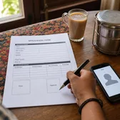 Hand signing a paper form next to a phone showing a portrait photo