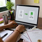 Laptop screen showing a file shrinking from 2 MB to 150 KB