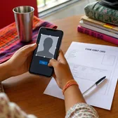 Phone showing a portrait photo beside a printed form on a desk