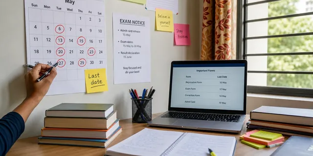 Hand circling a date on a wall calendar above a desk with a laptop and notebook